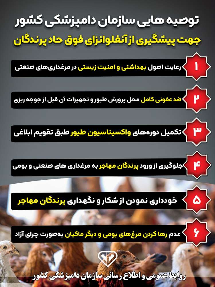 توصیه هایی سازمان دامپزشکی کشور جهت پیشگیری از آنفلوانزای فوق حاد پرندگان